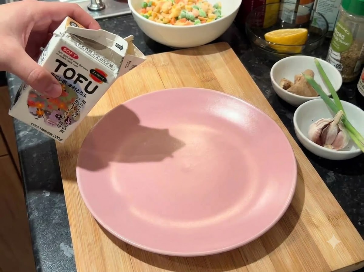 A carton of soft tofu being emptied onto a pink plate on a wooden cutting board.