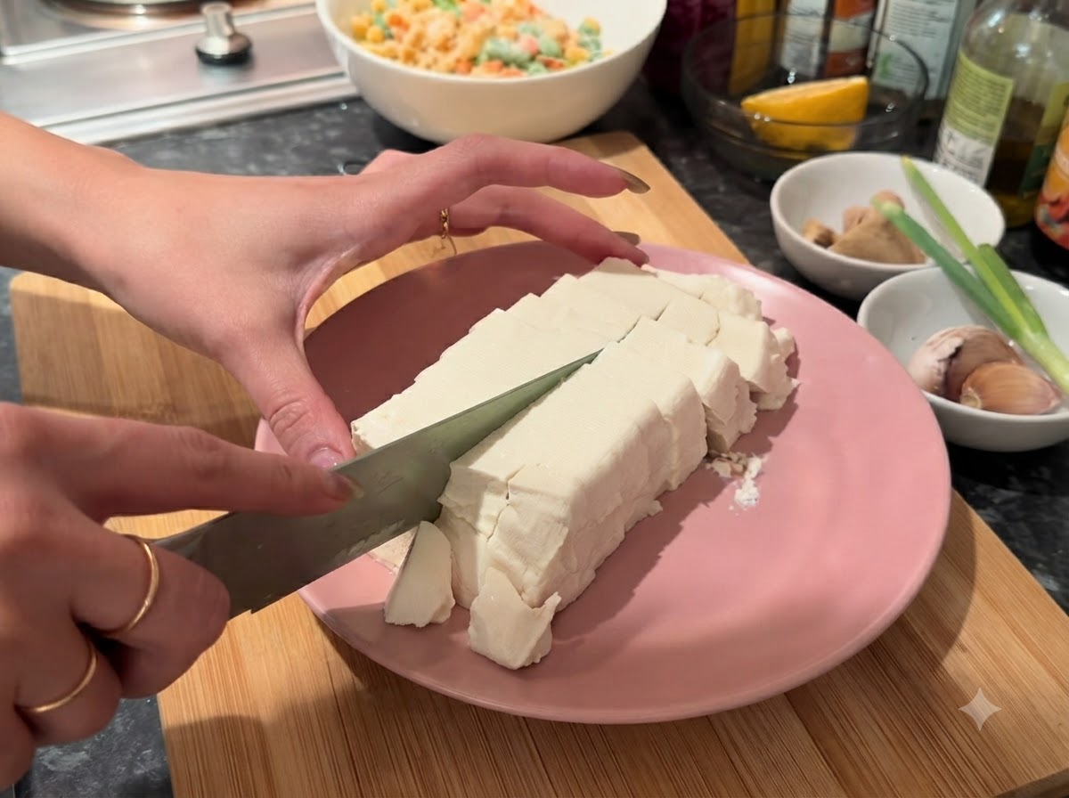 Soft tofu being sliced into small cubes with a knife on a pink plate.