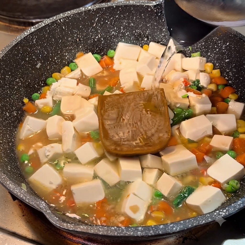 Hot water being poured from a kettle into a pan with tofu, vegetables, and a block of curry roux.