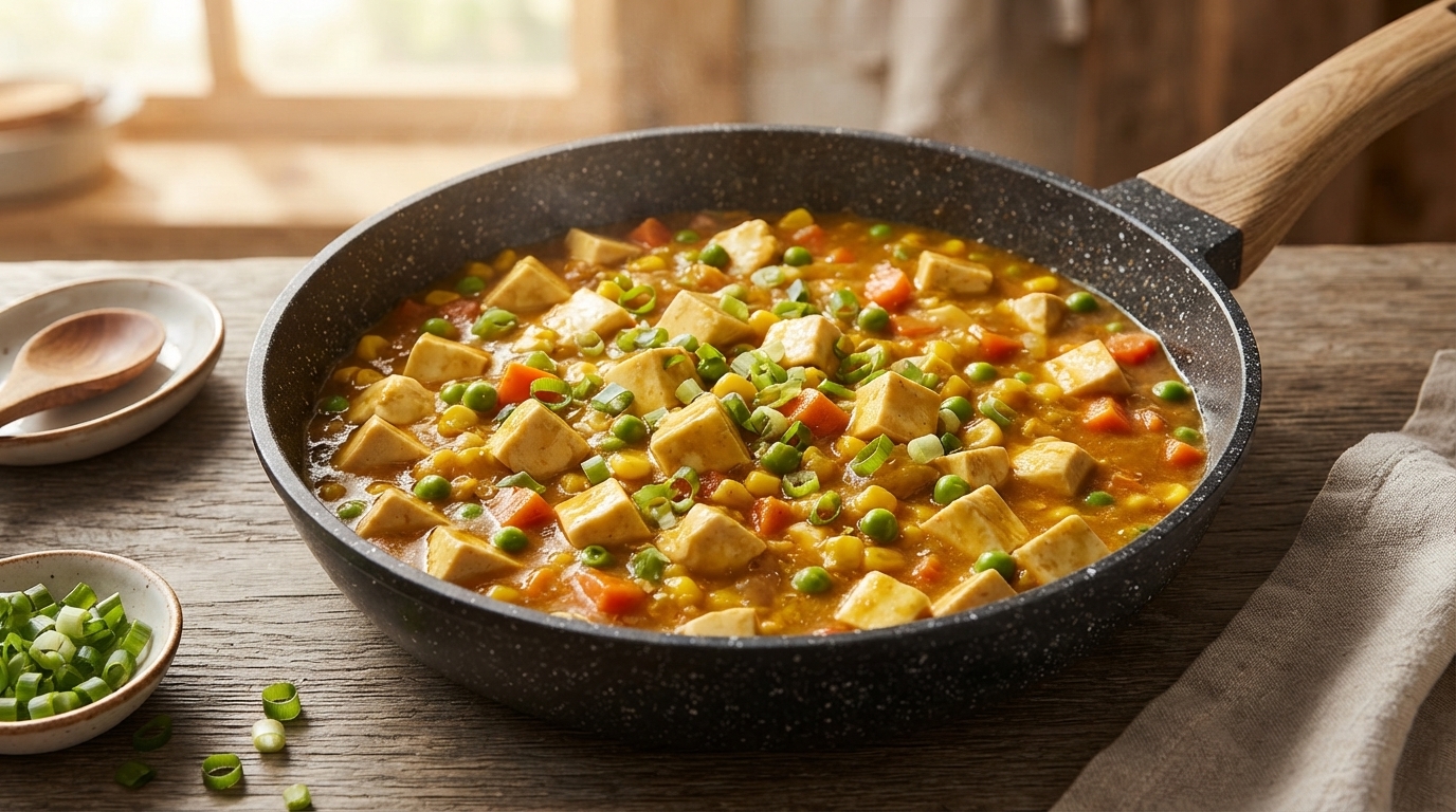 A comforting pan of Japanese-style curry tofu with sweet corn, peas, and carrots in a rich sauce.