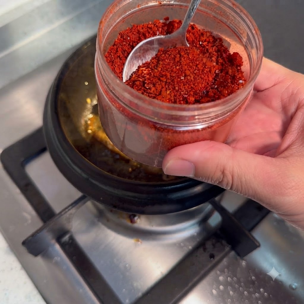 A container holding bright red chili powder with a spoon, poised above a cooking pot.
