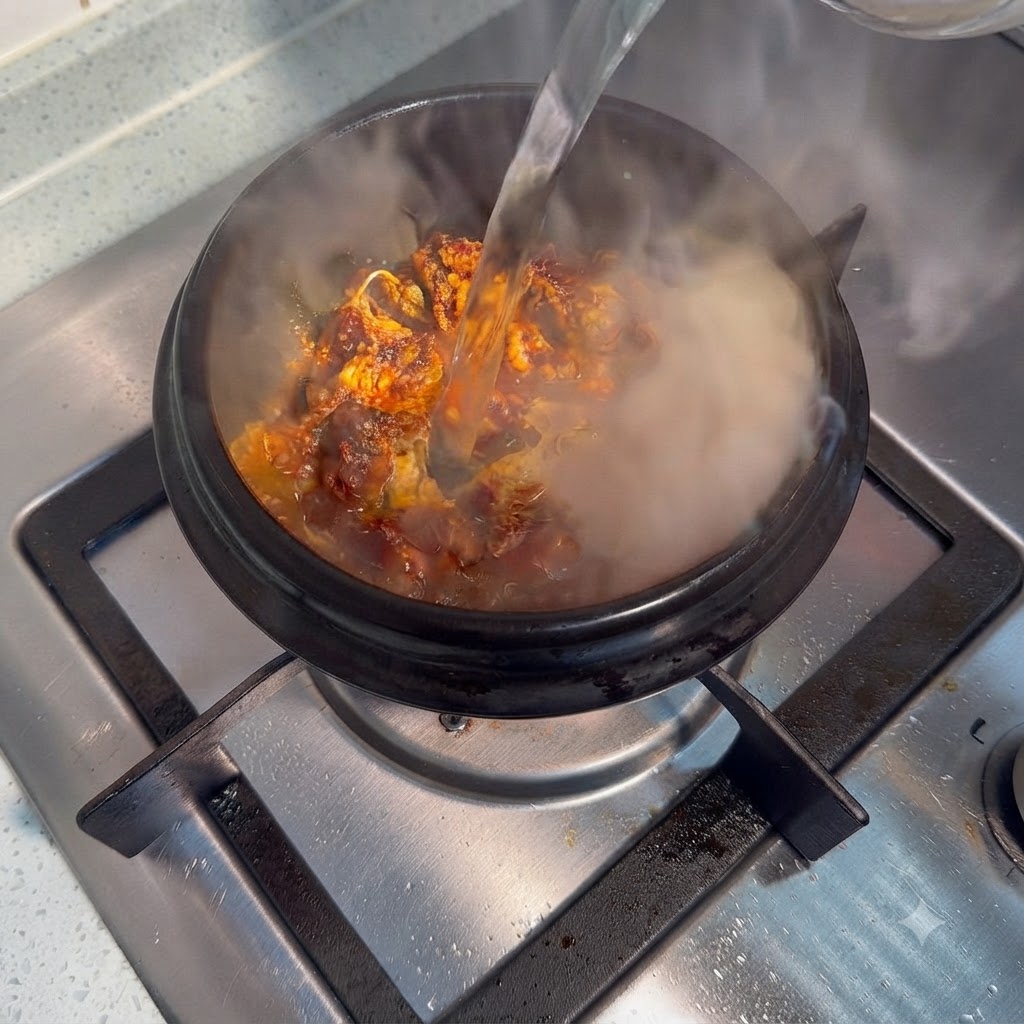 Water being poured into a hot ceramic pot containing seasoned meat and spices, producing steam.