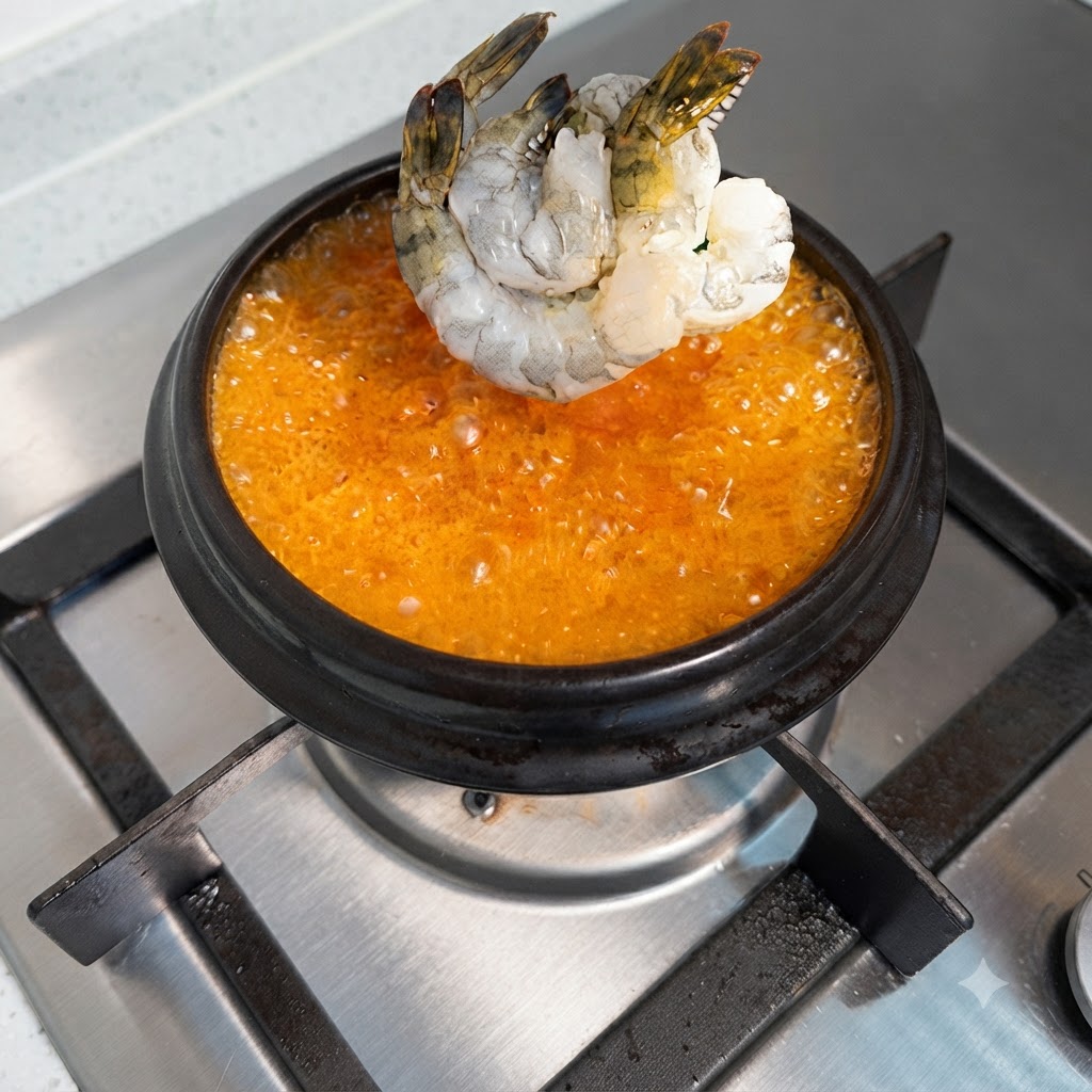 Fresh shrimp being lowered into a bubbling, vibrant orange-red soup broth inside a dark pot.