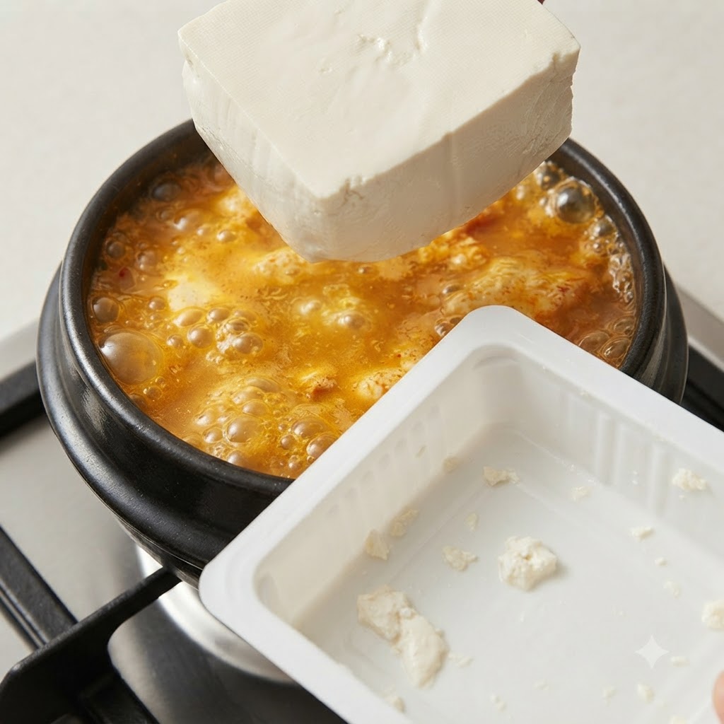 A block of soft tofu being added into the boiling stew next to its packaging container.