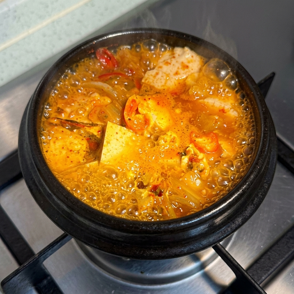 A close-up view of the bubbling spicy stew simmering on the stove burner.
