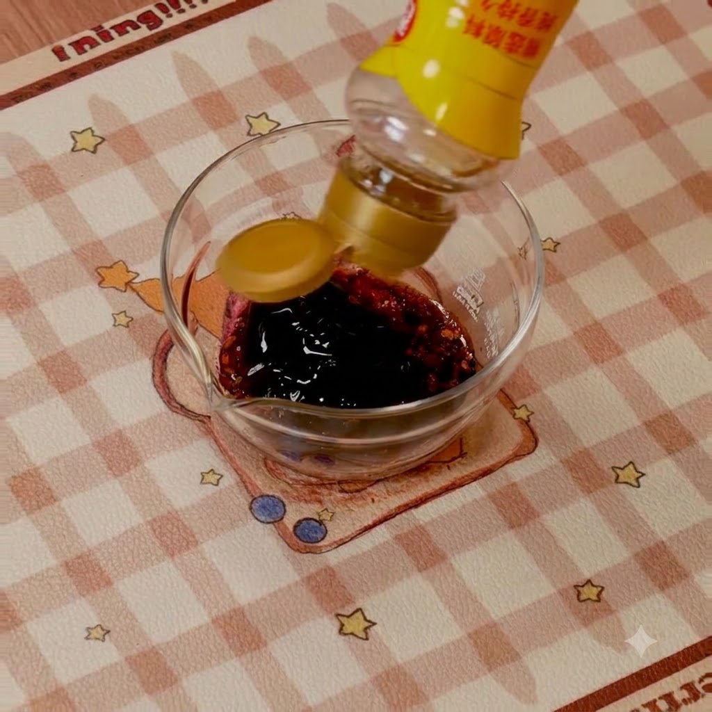 Pouring dark sauce into a small glass bowl containing Korean chili paste.