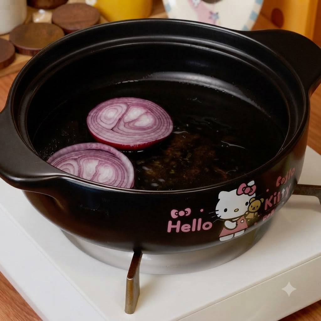 Sliced red onions resting in a thin layer of oil inside a black cooking pot.