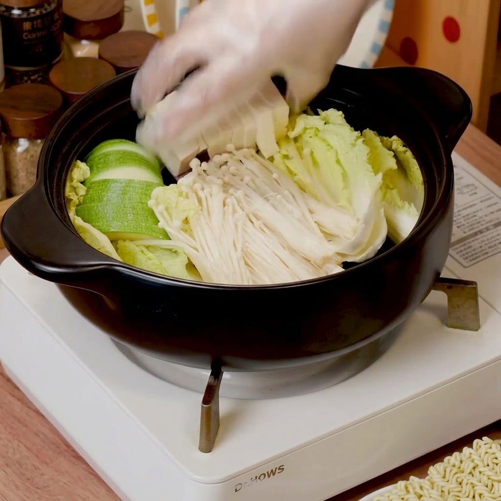 Fresh baby napa cabbage, enoki mushrooms, zucchini, and tofu being layered inside a black cooking pot.