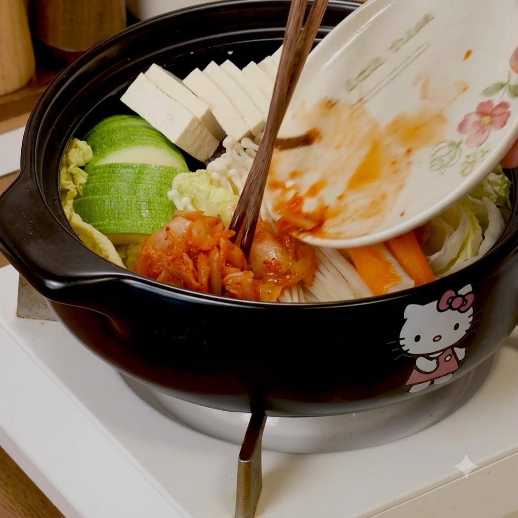 Using chopsticks to slide chopped kimchi from a plate into a pot filled with zucchini, tofu, enoki mushrooms, and crab sticks.