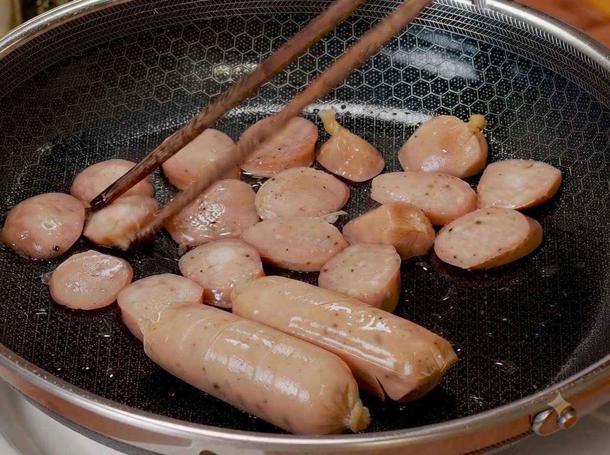Scored sausages and sliced sausages browning in a honeycomb skillet, being turned with chopsticks.