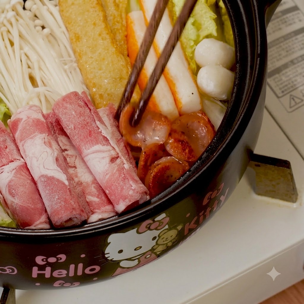 Chopsticks placing browned sausage slices into the pot with vegetables and raw beef rolls.