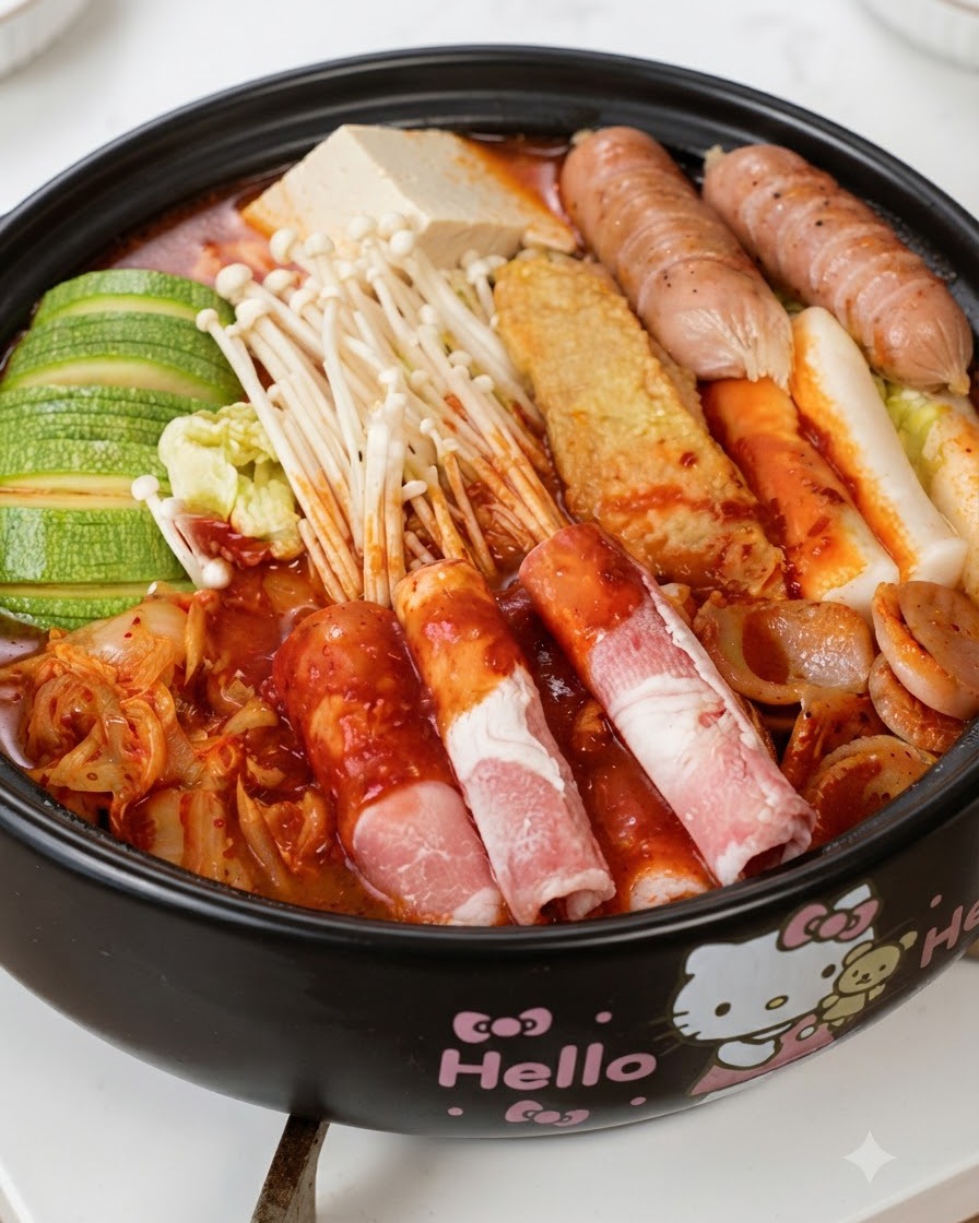 Red spicy sauce poured over the layered ingredients inside the pot.