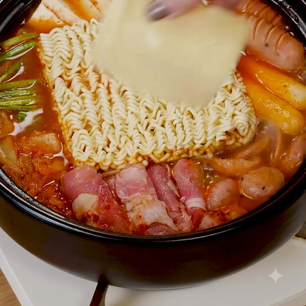 A block of instant ramen noodles and a slice of cheese being placed into the red broth.