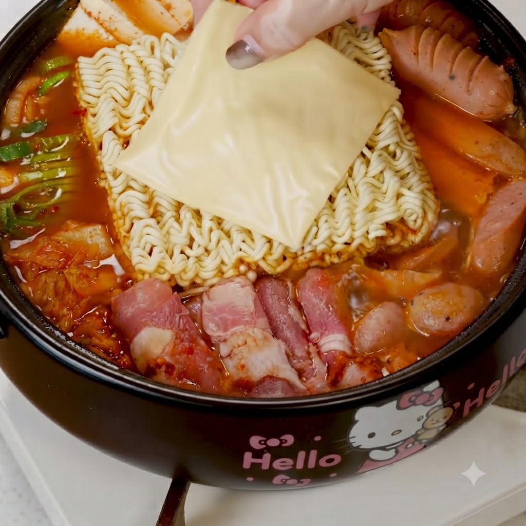 A raw egg being cracked on top of the instant noodles and cheese in the pot.
