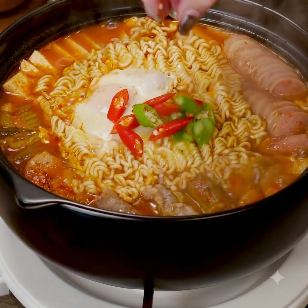 Sliced red and green chili peppers being sprinkled over the cooking egg and noodles.