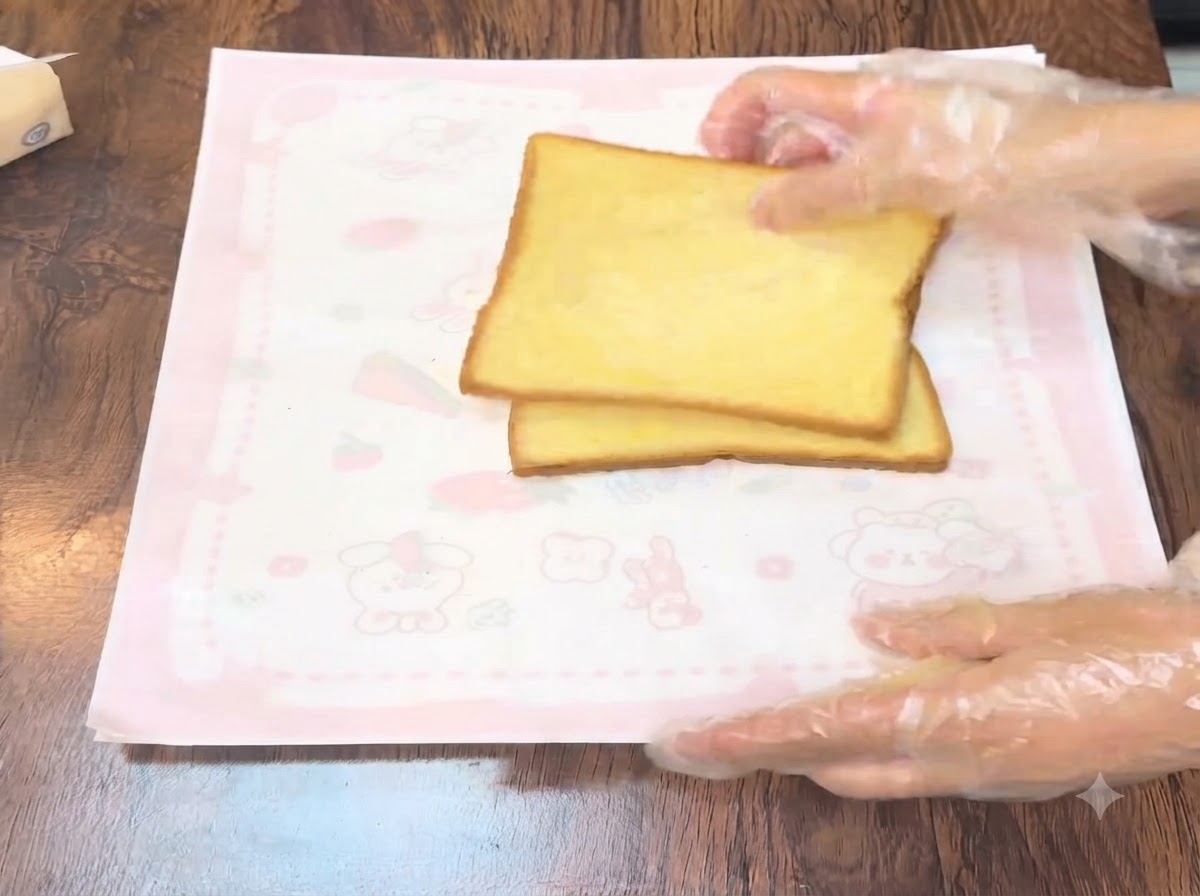 Three slices of pumpkin toast laid side by side on a pink patterned mat with salad dressing squeezed on top.