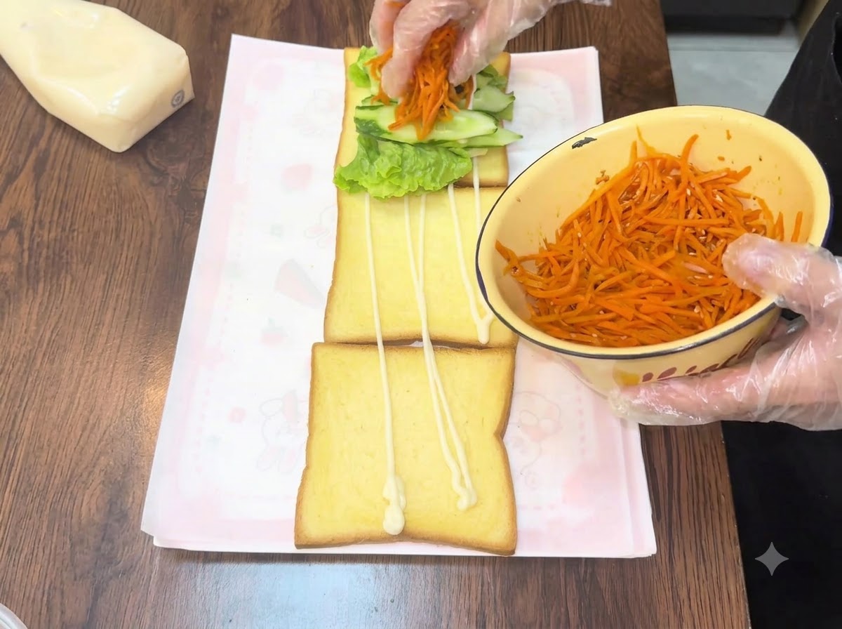 Adding bright orange shredded carrots from a yellow bowl onto the cucumber layer of a sandwich.