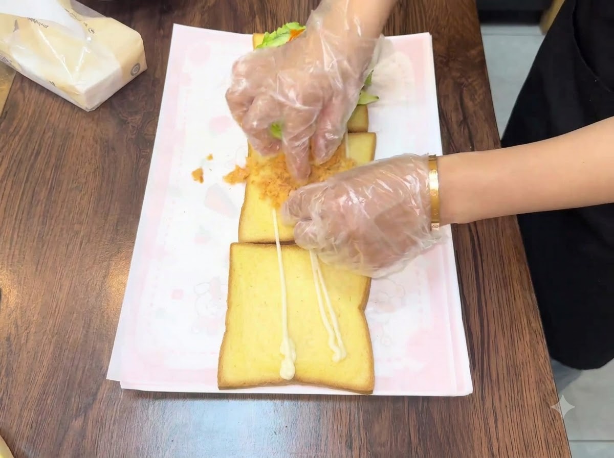 Hands spreading fluffy, golden meat floss onto the second slice of bread.