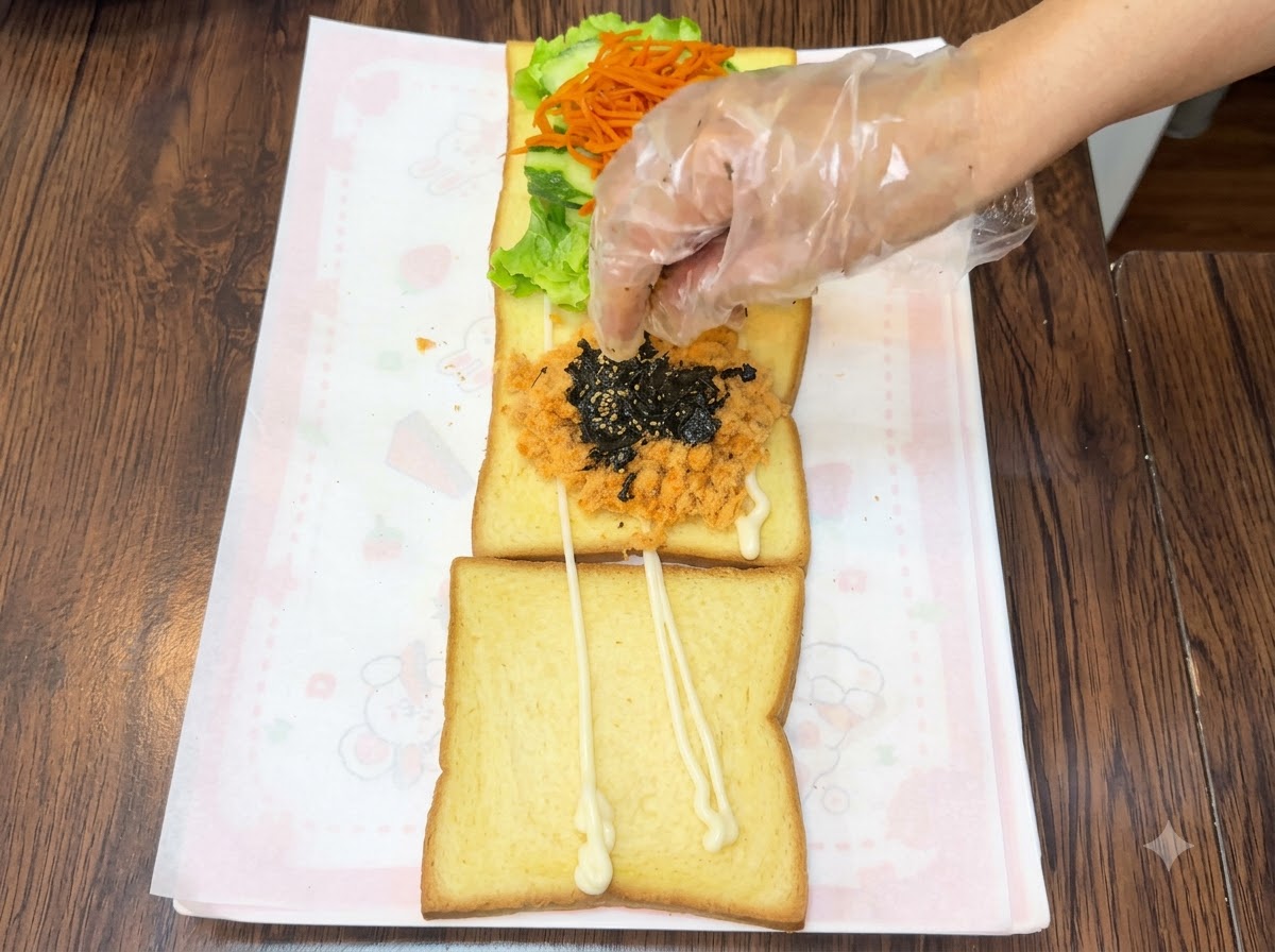 A hand sprinkling dark roasted seaweed crumbs and sesame seeds over a layer of meat floss on a slice of toast.