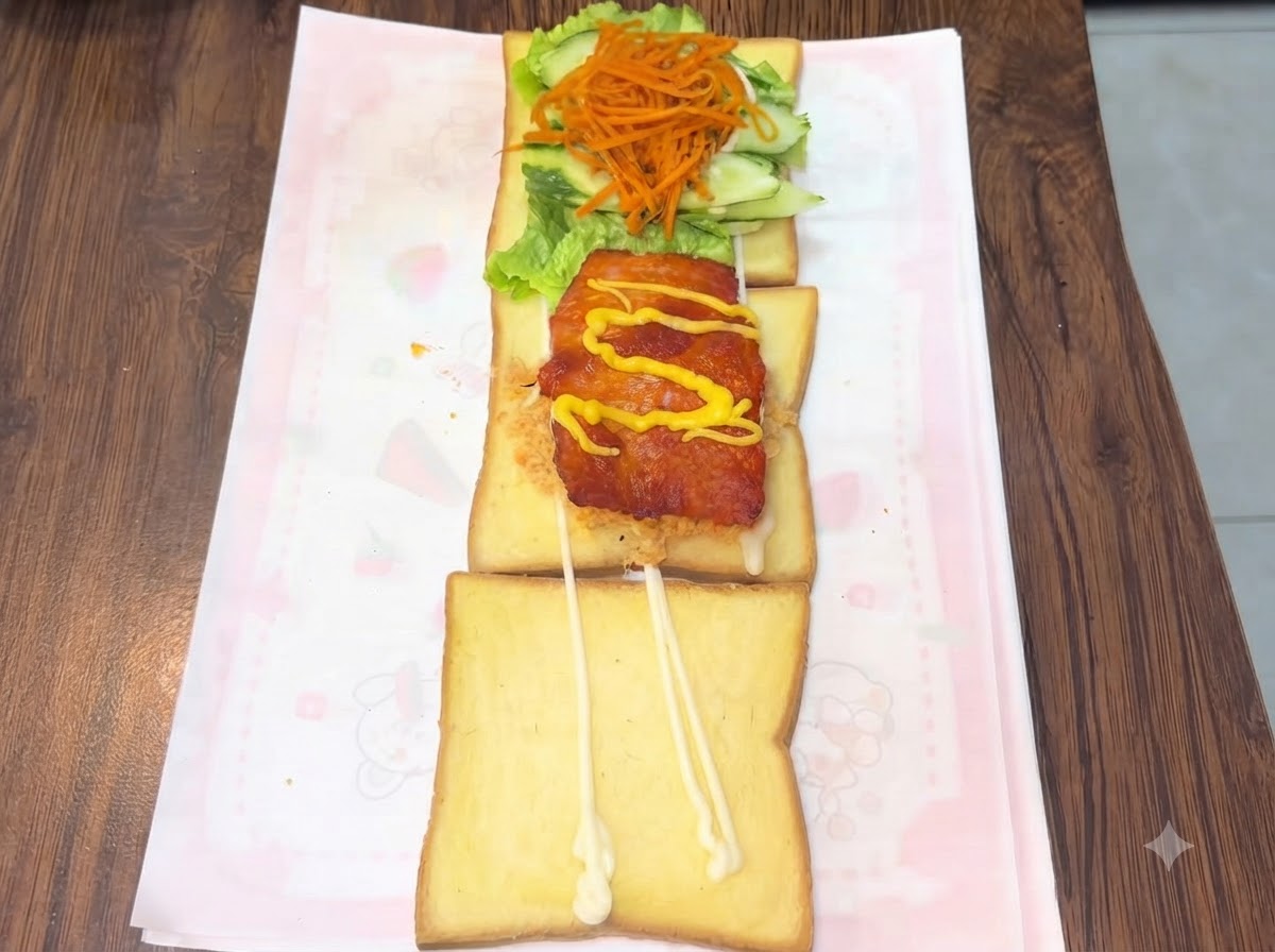 Squeezing yellow honey mustard and red ketchup in zigzag lines over the top of a chicken cutlet.