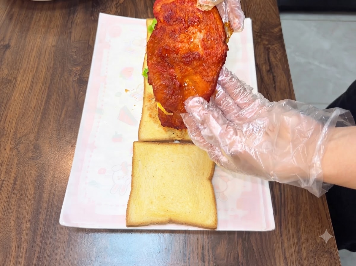 A gloved hand holding up and positioning a second fried chicken cutlet over the sandwich layers.