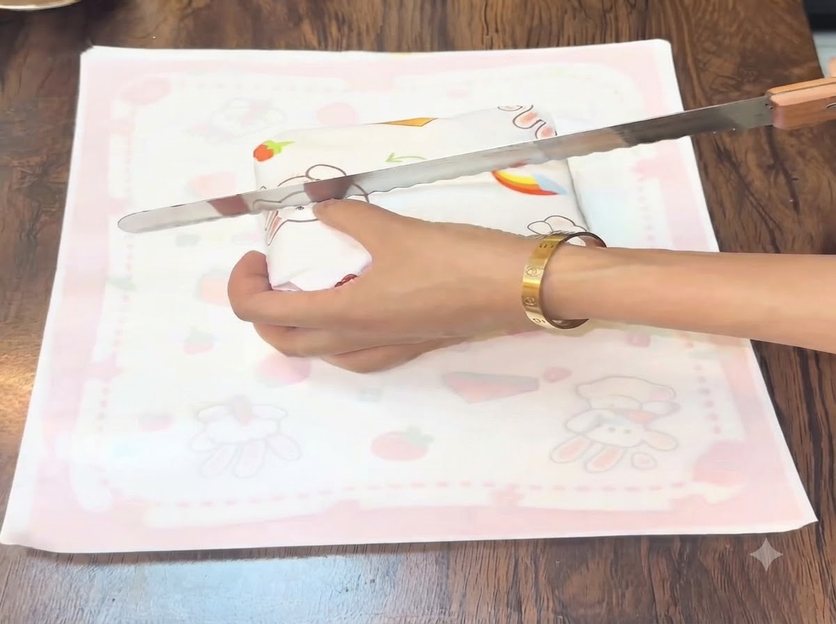 A long serrated bread knife slicing through a securely wrapped sandwich on a mat.