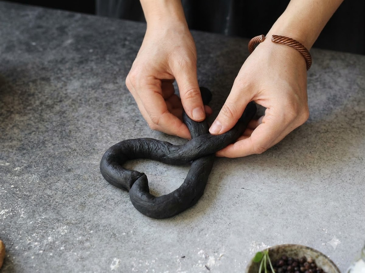 Hands twisting and braiding dark black dough on a stone countertop.
