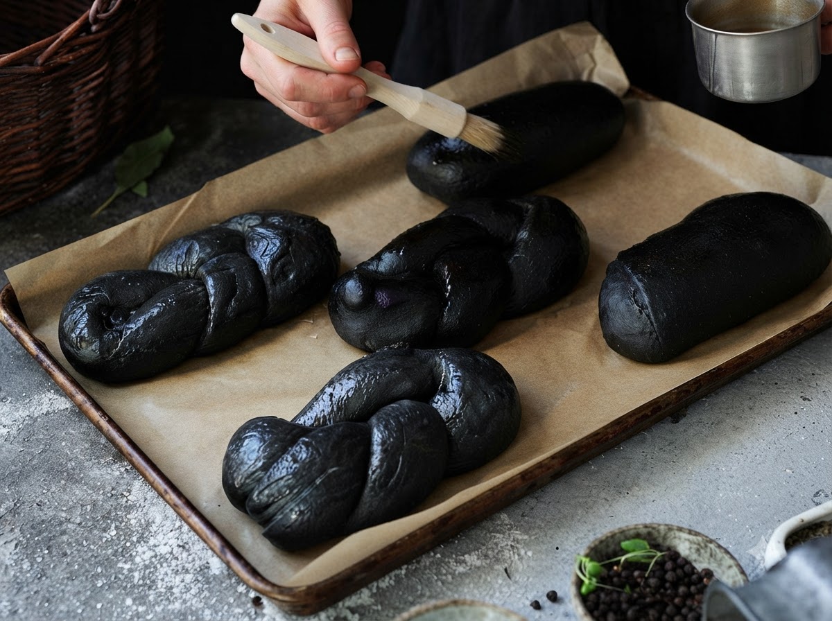 Black braided bread dough resting on a baking sheet while being brushed with egg wash using a wooden pastry brush.