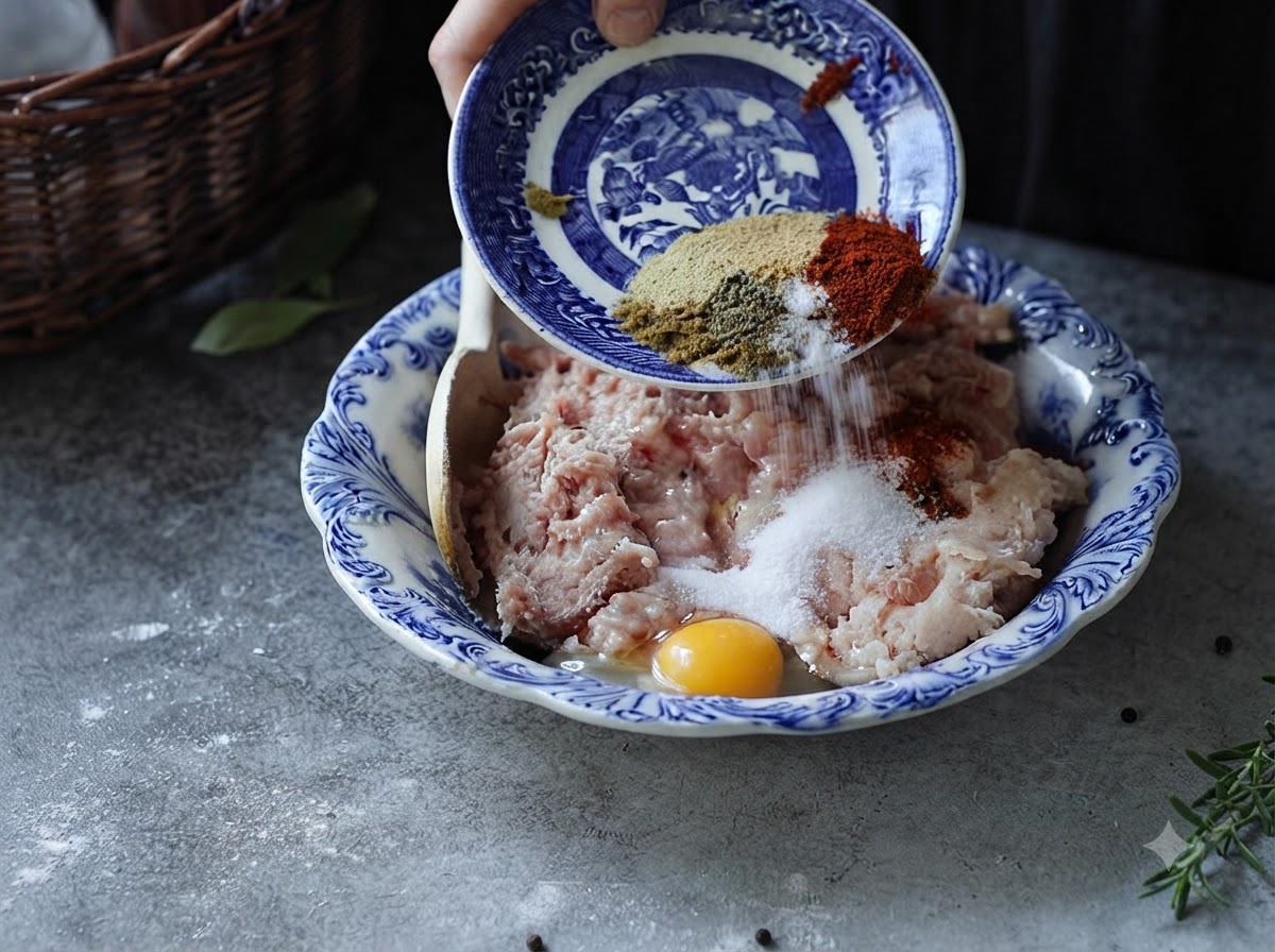 Spices and a cracked egg being poured from a small decorative plate into a large bowl filled with ground chicken.