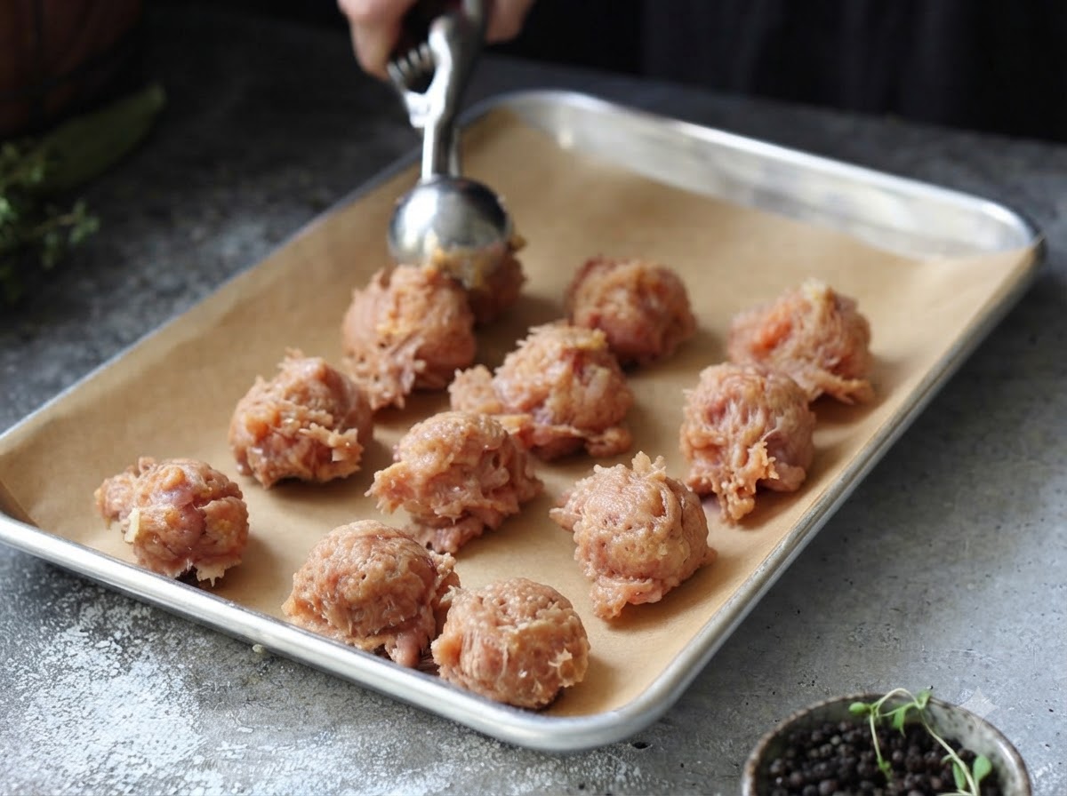 A metal cookie scoop placing small portions of seasoned ground chicken onto a parchment-lined baking sheet.