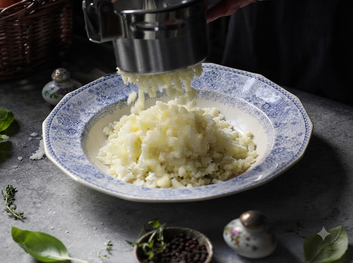 A metal potato ricer extruding freshly cooked potatoes into a decorative blue and white ceramic bowl.