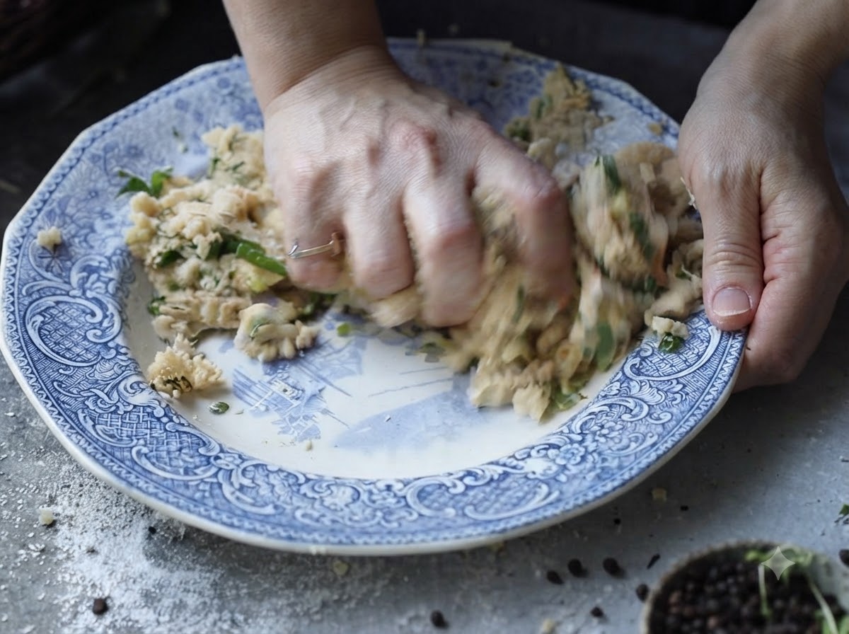 Hands actively kneading a mixture of riced potatoes and green herbs inside a patterned ceramic bowl.