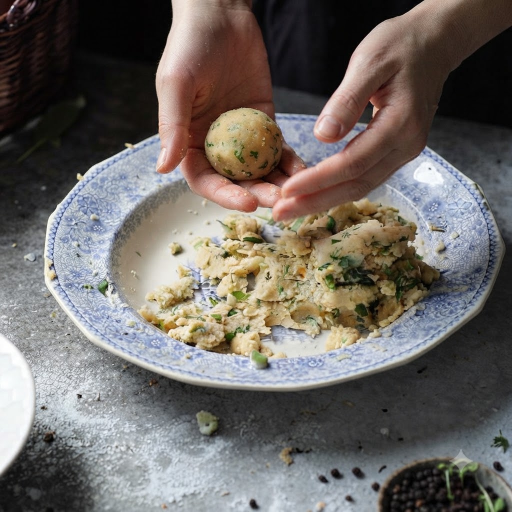 Hands rolling a seasoned potato herb mixture into a sphere over a patterned ceramic plate.