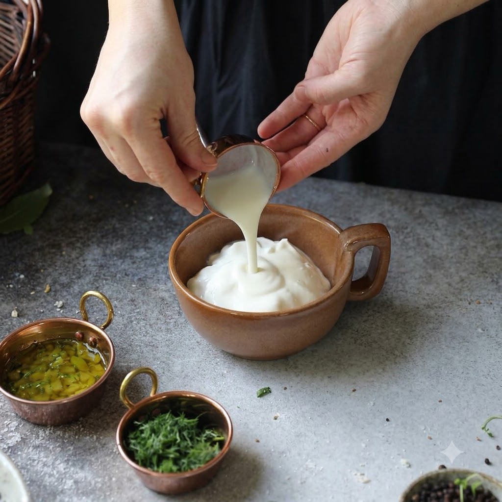 Liquid being poured from a small copper pitcher into yogurt inside a brown ceramic cup.
