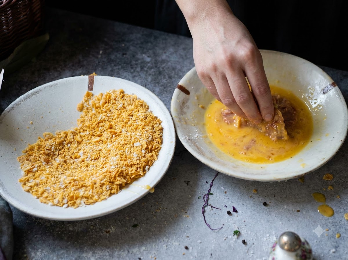 A hand dipping a chicken patty into a bowl of whisked yellow eggs next to a bowl of crushed cornflakes.