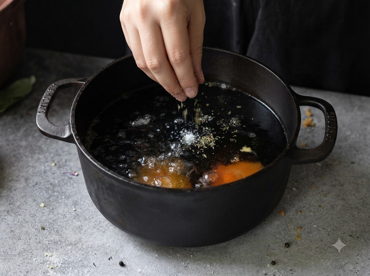 A hand sprinkling herbs and seasoning over hot oil bubbling inside a black cast iron pot.