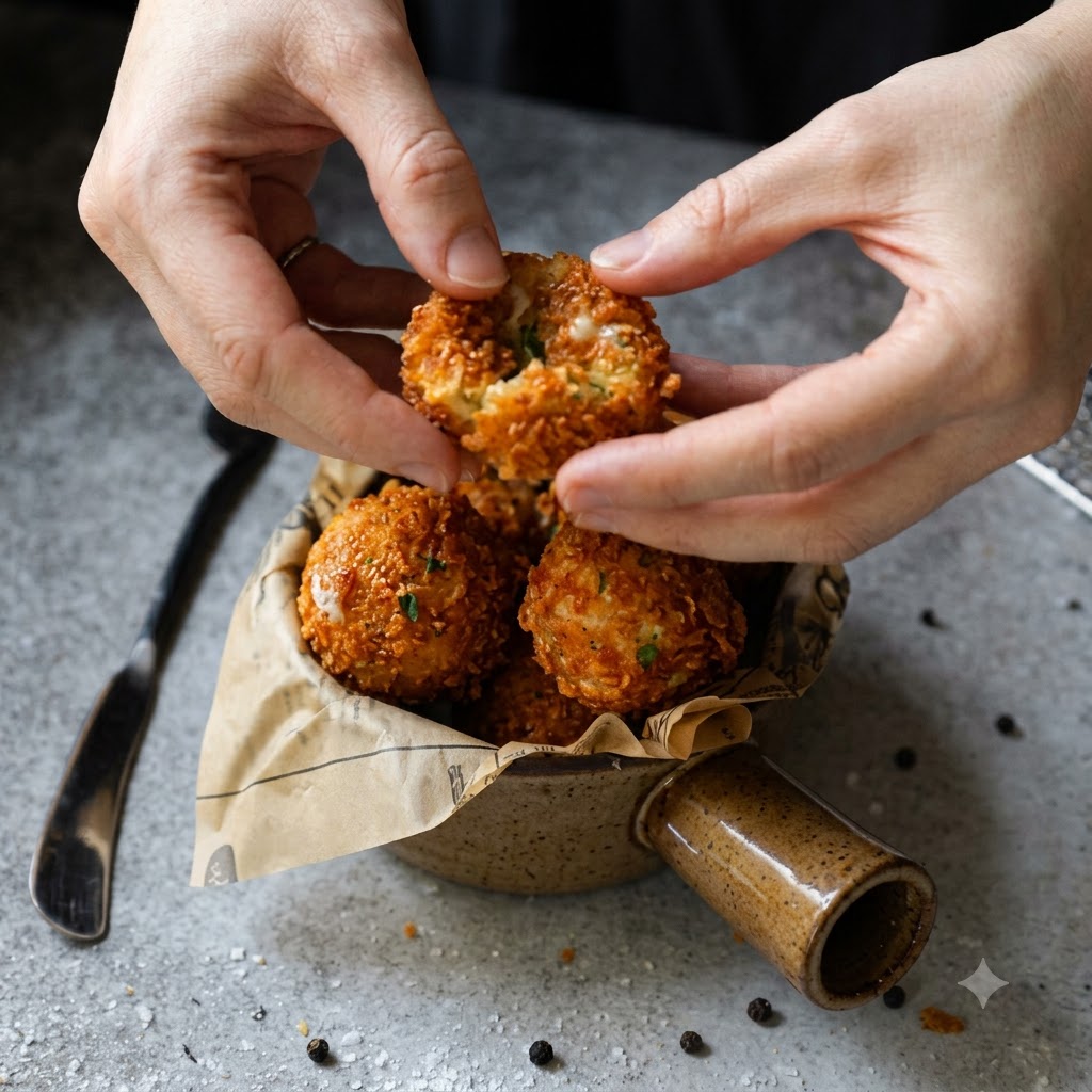 Hands pulling apart a crispy fried potato ball to reveal stretchy melted cheese in the center.