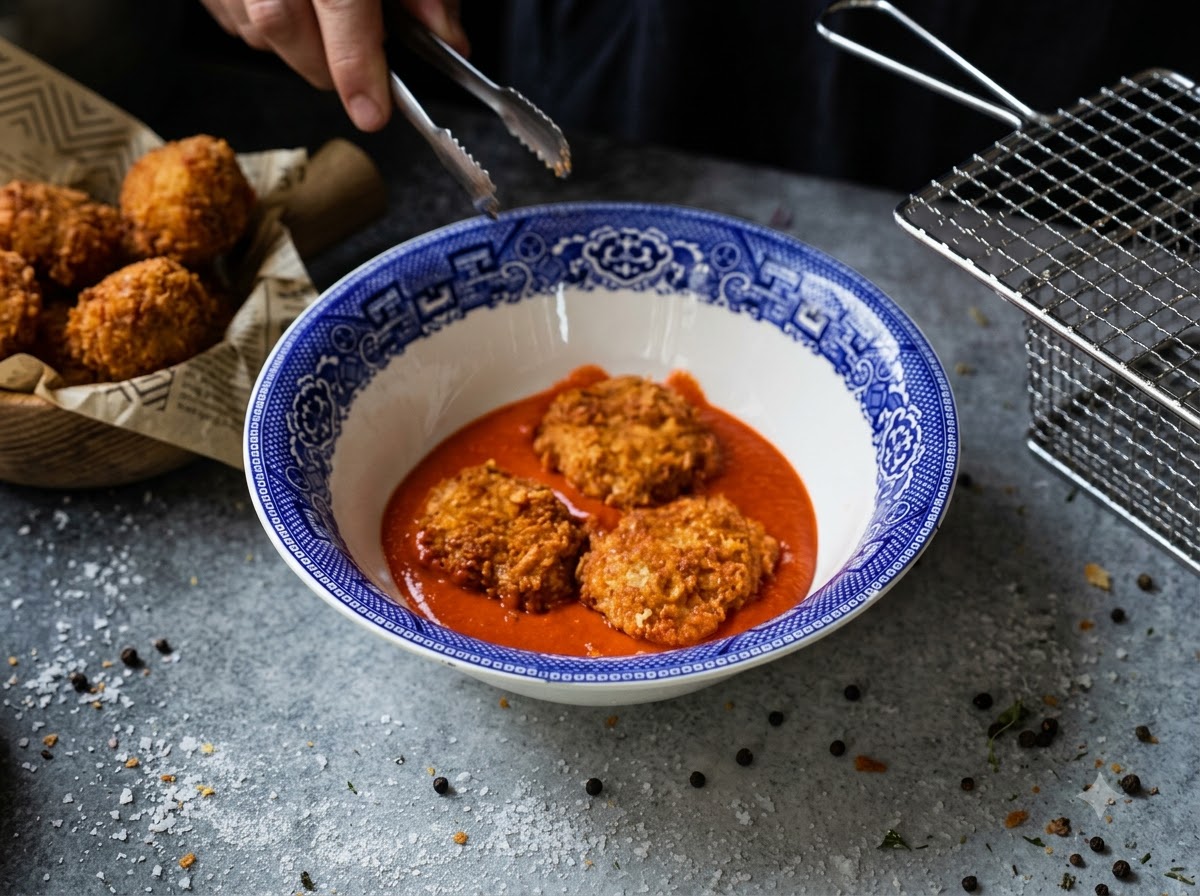 Fried chicken patties being tossed in bright red buffalo sauce inside a blue patterned bowl.