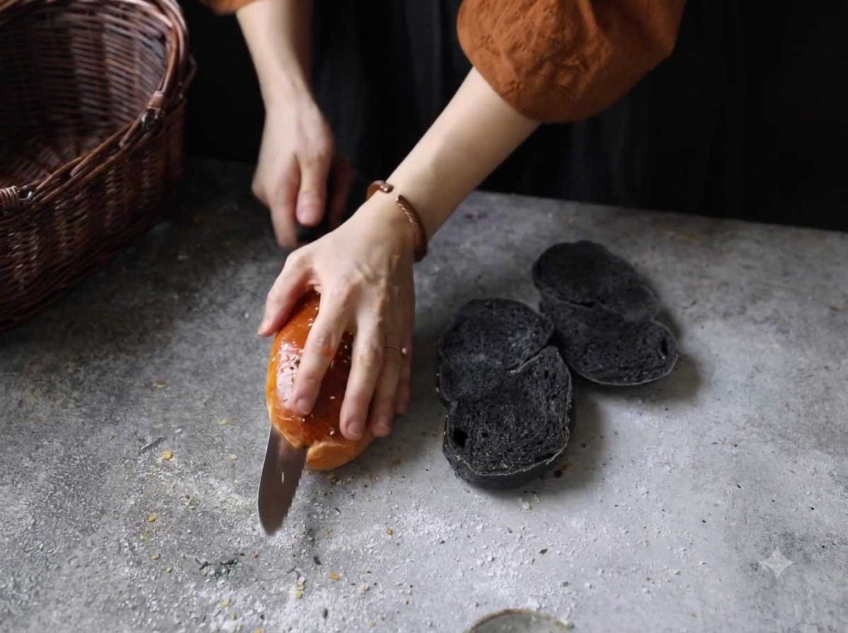 Hands slicing a baked black sesame bun in half on a grey countertop next to other bun halves.
