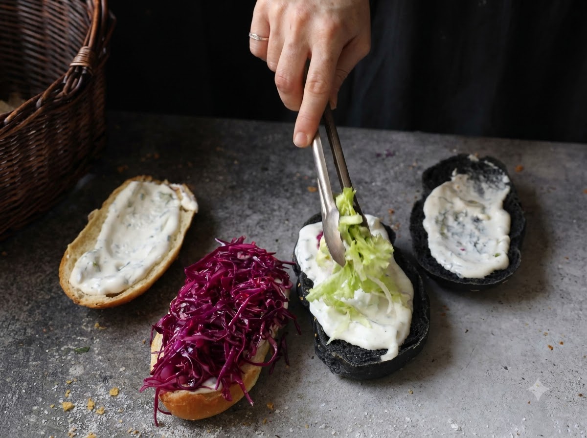 Tongs placing shredded lettuce onto a bun half coated with white sauce, next to a bun half with red cabbage.