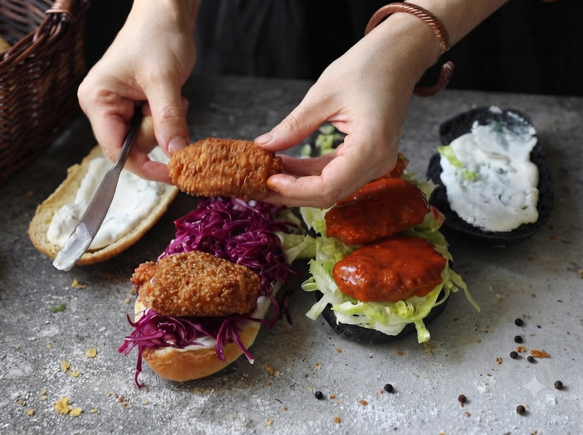 Hands placing a buffalo-sauce coated chicken patty onto a sandwich loaded with red cabbage and lettuce.