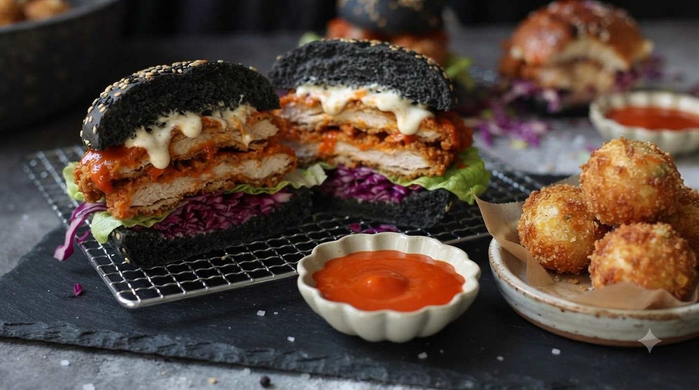 Crispy Buffalo Chicken Nugget Sandwich with Cheesy Potato Balls