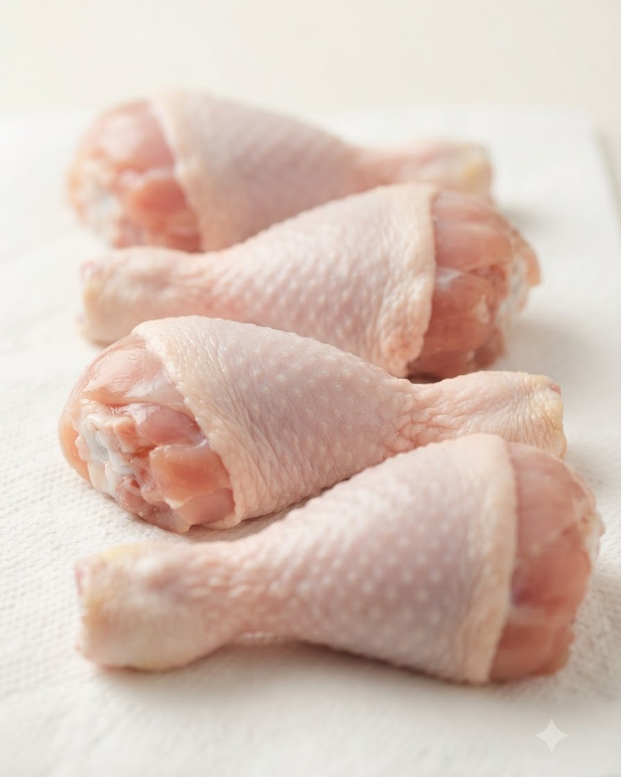 Fresh raw chicken drumsticks laid out on a white paper towel, showing wet skin texture.