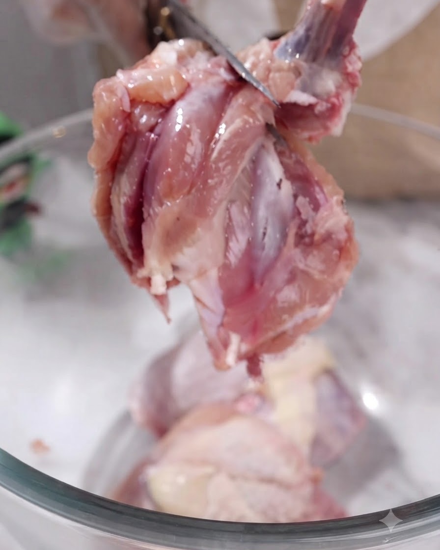 Gloved hands using kitchen shears to cut bone away from raw chicken meat over a glass bowl.