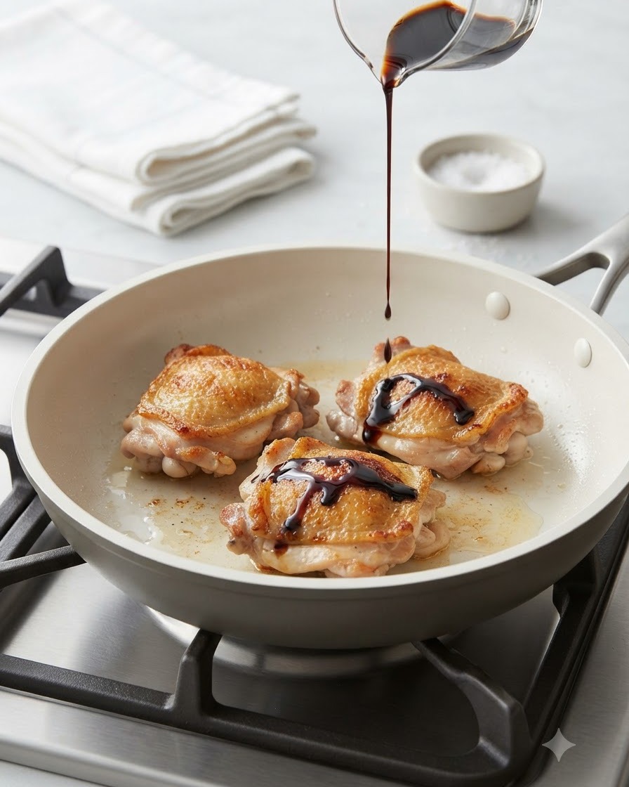 Dark teriyaki sauce being poured from a small pitcher over chicken pieces in a pan.