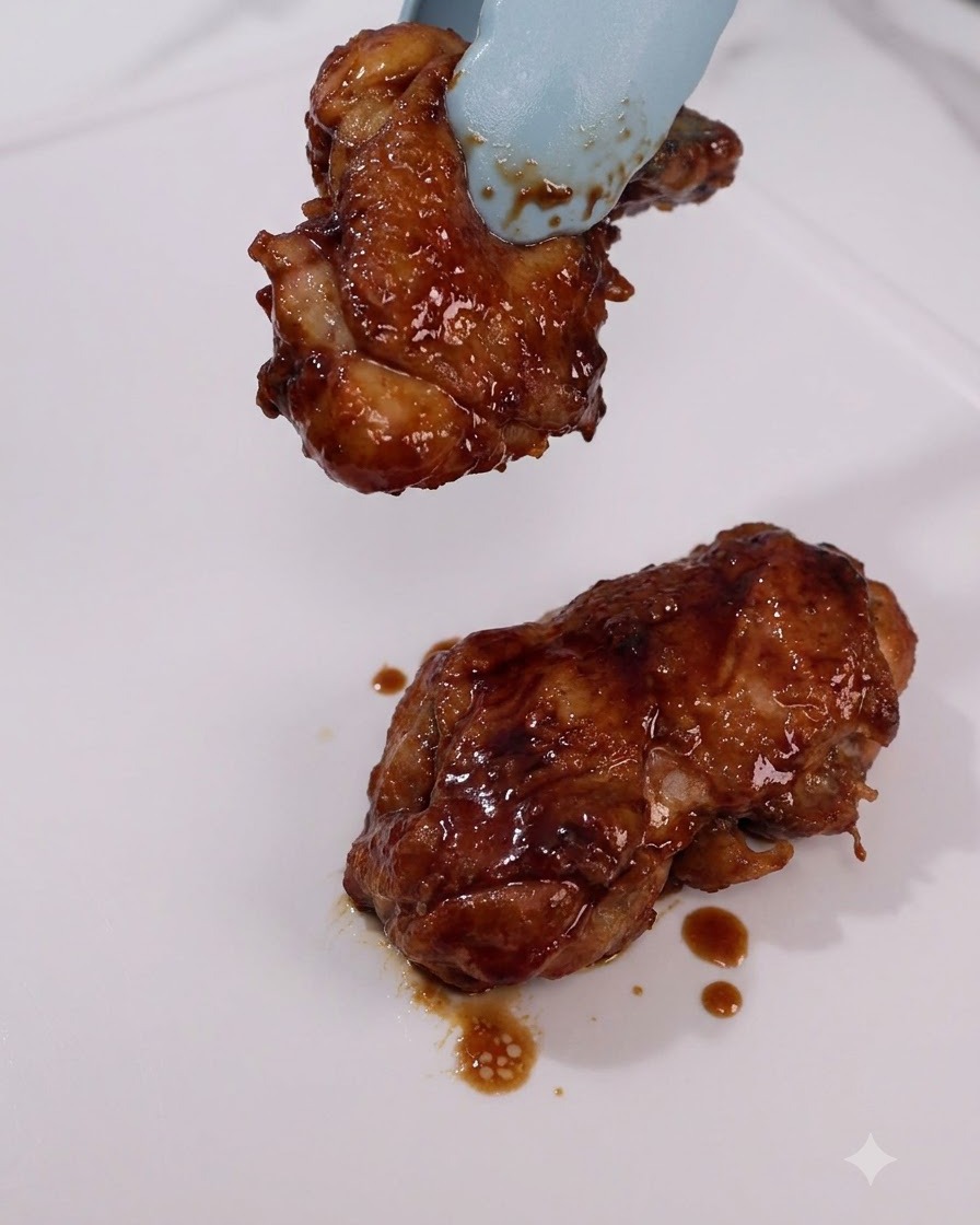 Cooked glazed chicken thighs being lifted out of a pan with tongs onto a white plate.