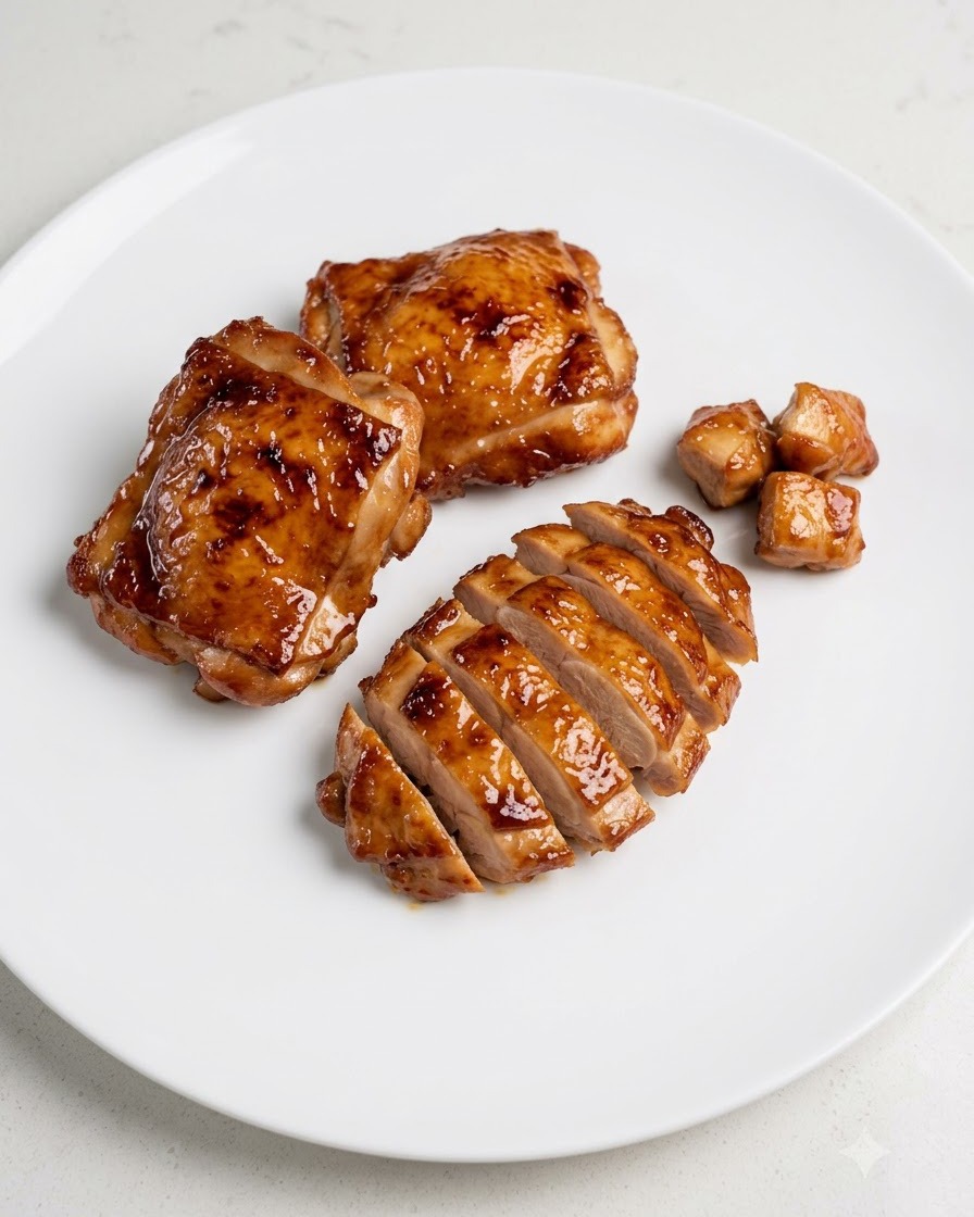 Cooked chicken thighs being cut into neat slices on a white plate with a knife.