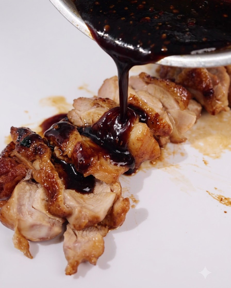 Dark teriyaki sauce being poured from a pan directly onto sliced chicken on a white plate.
