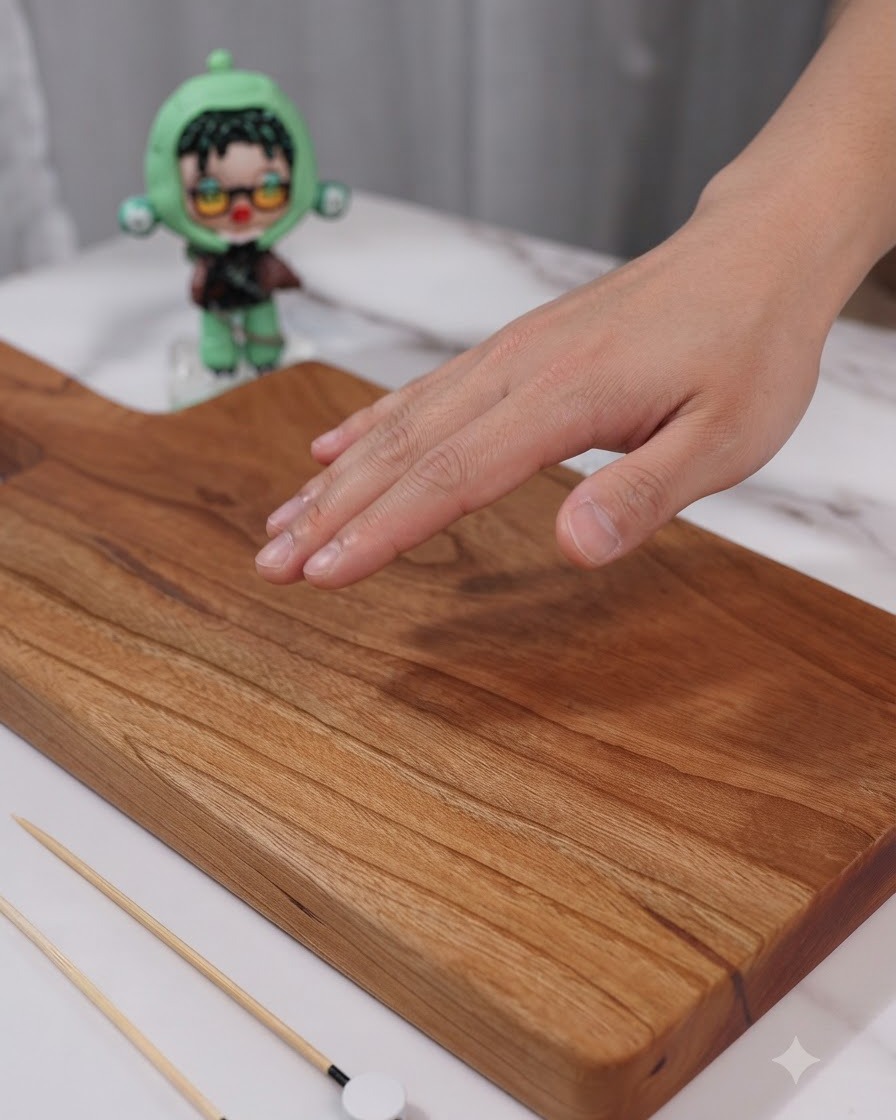 A clean wooden cutting board set up with wooden skewers for assembling a sandwich.