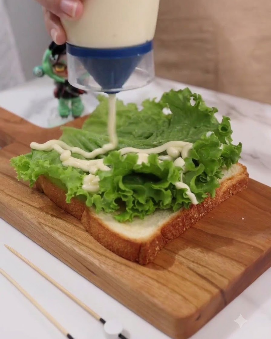 Mayonnaise being squeezed from a dispenser in a zig-zag line over green lettuce on a slice of toast.